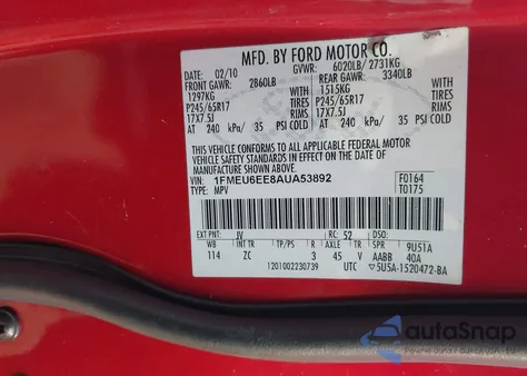 2010 Ford Explorer Eddie Bauer from USA, damaged, VIN 1FMEU6EE8AUA53892